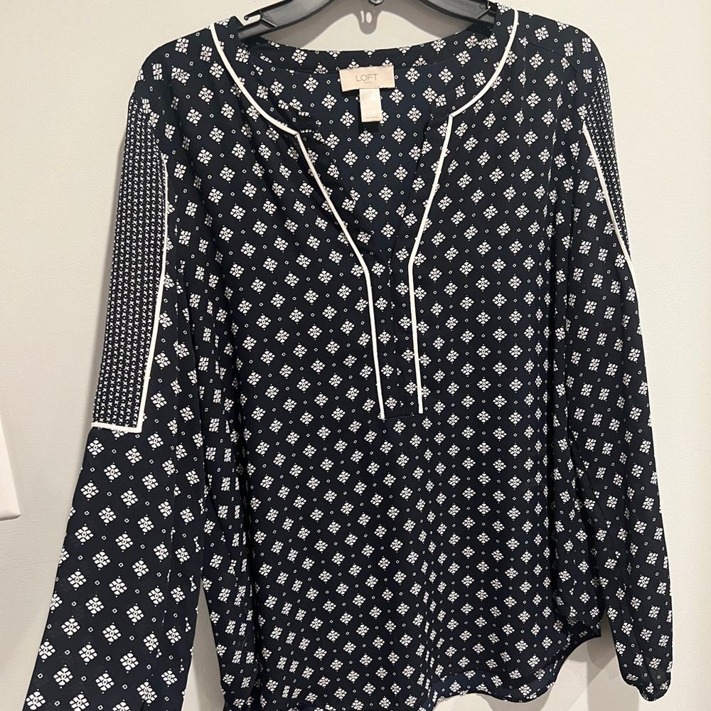LOFT Navy and White Geometric Blouse